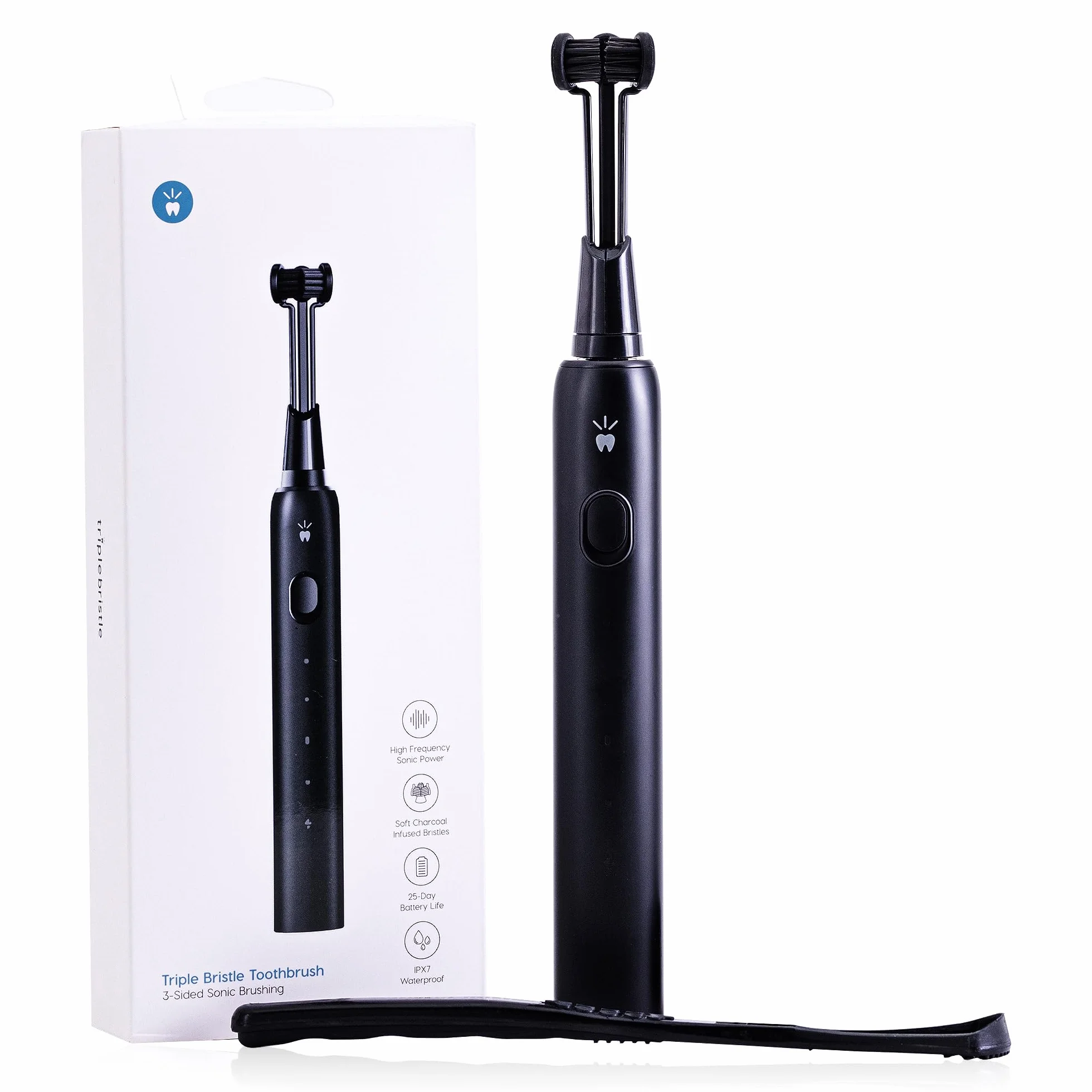 3 Sided Toothbrush, 4 Modes | Dentist Created & Approved, Soft Charcoal Infused Nylon Bristles, Rechargeable & Waterproof
