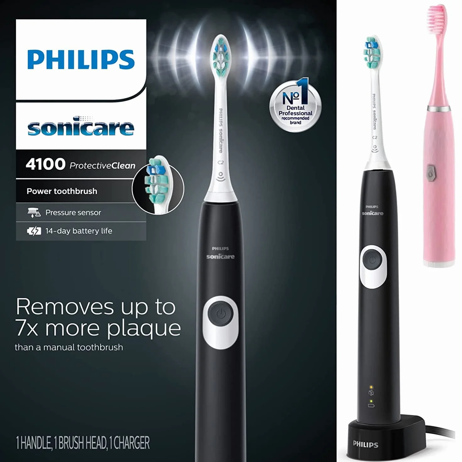 Sonicare ProtectiveClean 4100 Rechargeable Electric Toothbrush, Black - Plaque Control with Pressure Sensor, Up to 2 Weeks Operating Time, Electric Toothbrush