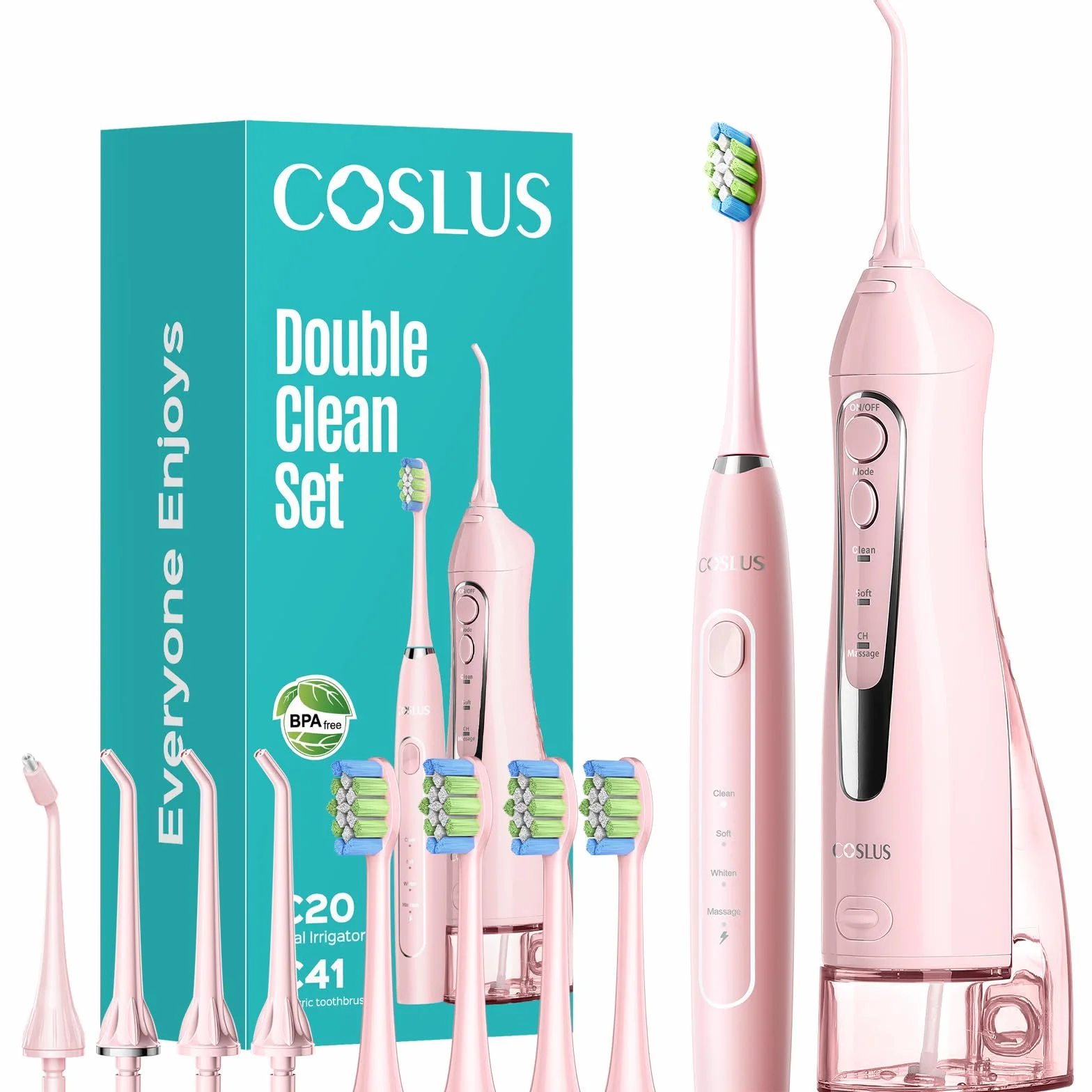 C20C41 Water Flosser Electric Toothbrush Combo, 2-1 Oral Clean Kit | Brushing & Flossing for Teeth & Braces Cleaning, Gums Care, Portable Travel Use, Gift for Family, Adults, BPA-Free, Pink