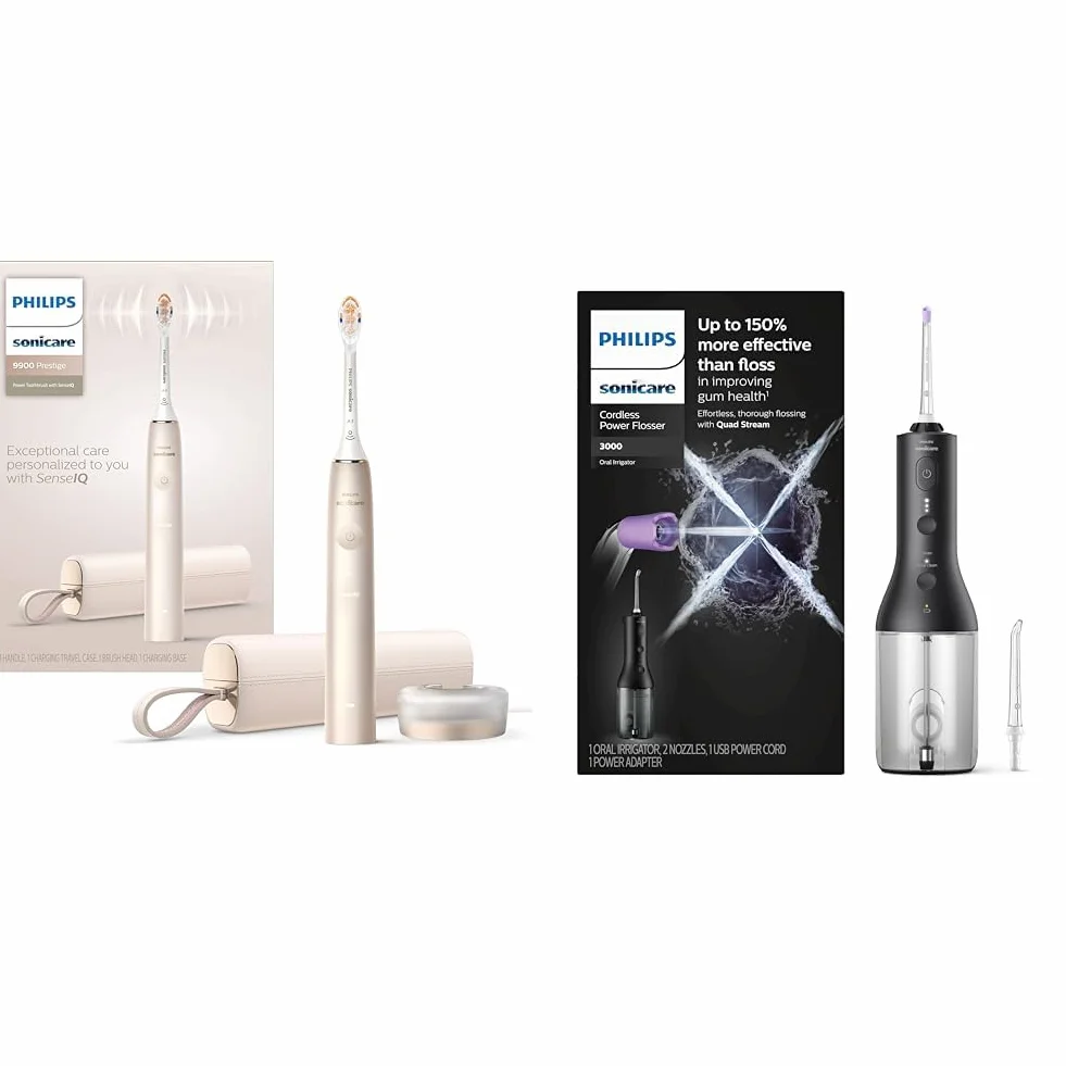 9900 Prestige Rechargeable Electric Power Toothbrush with SenseIQ, Champagne, HX9990/11 & Cordless Power Flosser 3000 - Black