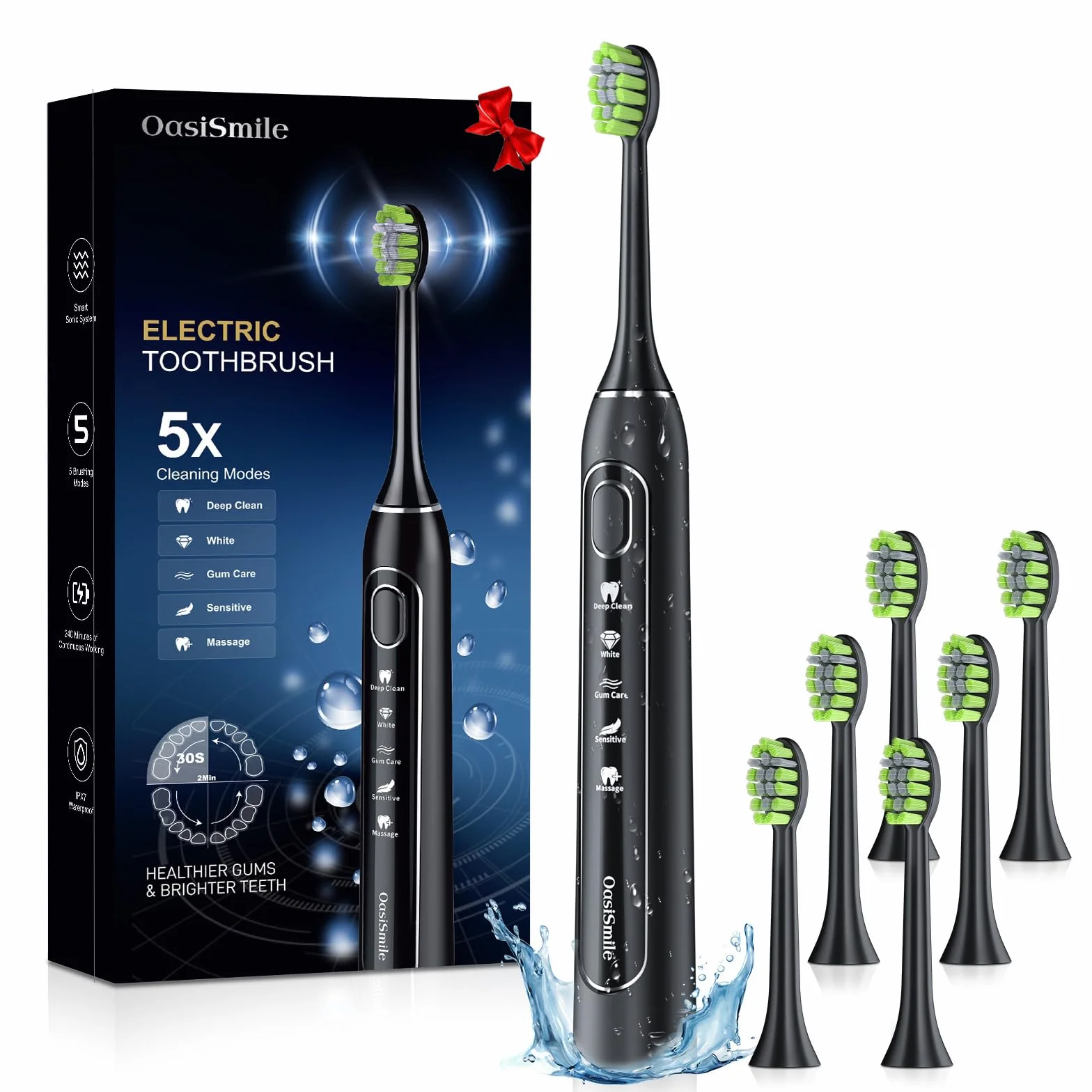 Sonic Electric Toothbrush for Adults and Teens, Travel Rechargeable 42000 VPM Power Tooth Brush with 5 Modes, 90 Days Battery Life, 6 Brush Heads, Black