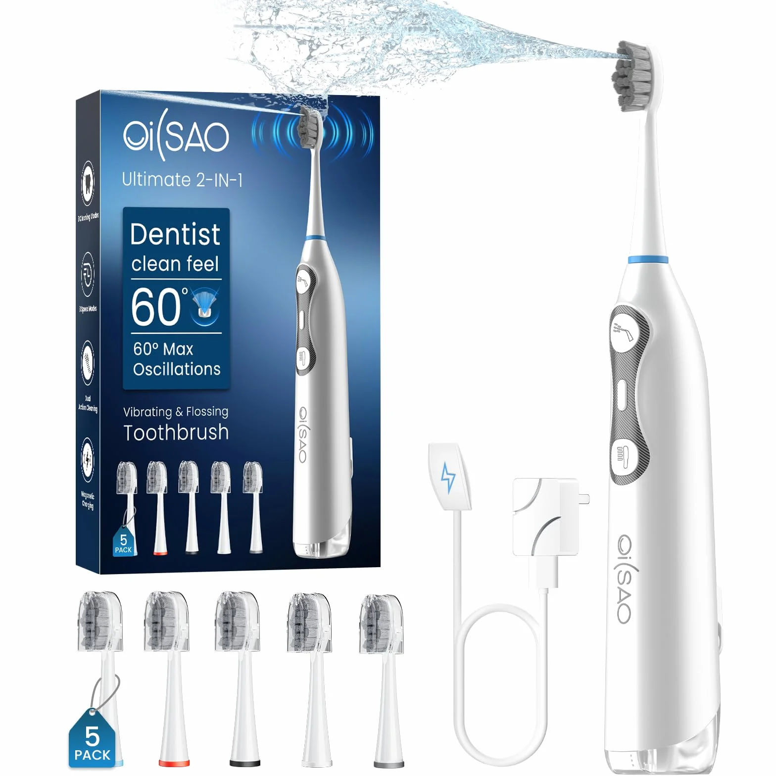 Electric Toothbrush with Water Flosser for Adults, Cordless 3-in-1 | Brush & Floss Combo,30-Day Battery,3 Floss+3 Brush Modes,Braces Friendly, Sensitive Gums,5 Brush Heads