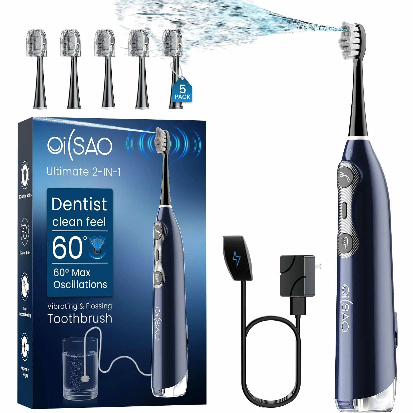 3-in-1 Upgraded Pro Flossing Toothbrush-Flosses, Vibrates and Oscillates(The 1st Tech), Electric Toothbrush with Water Flosser 5 Brush Heads, Plaque Removal for Sensitivity, Braces-Blue