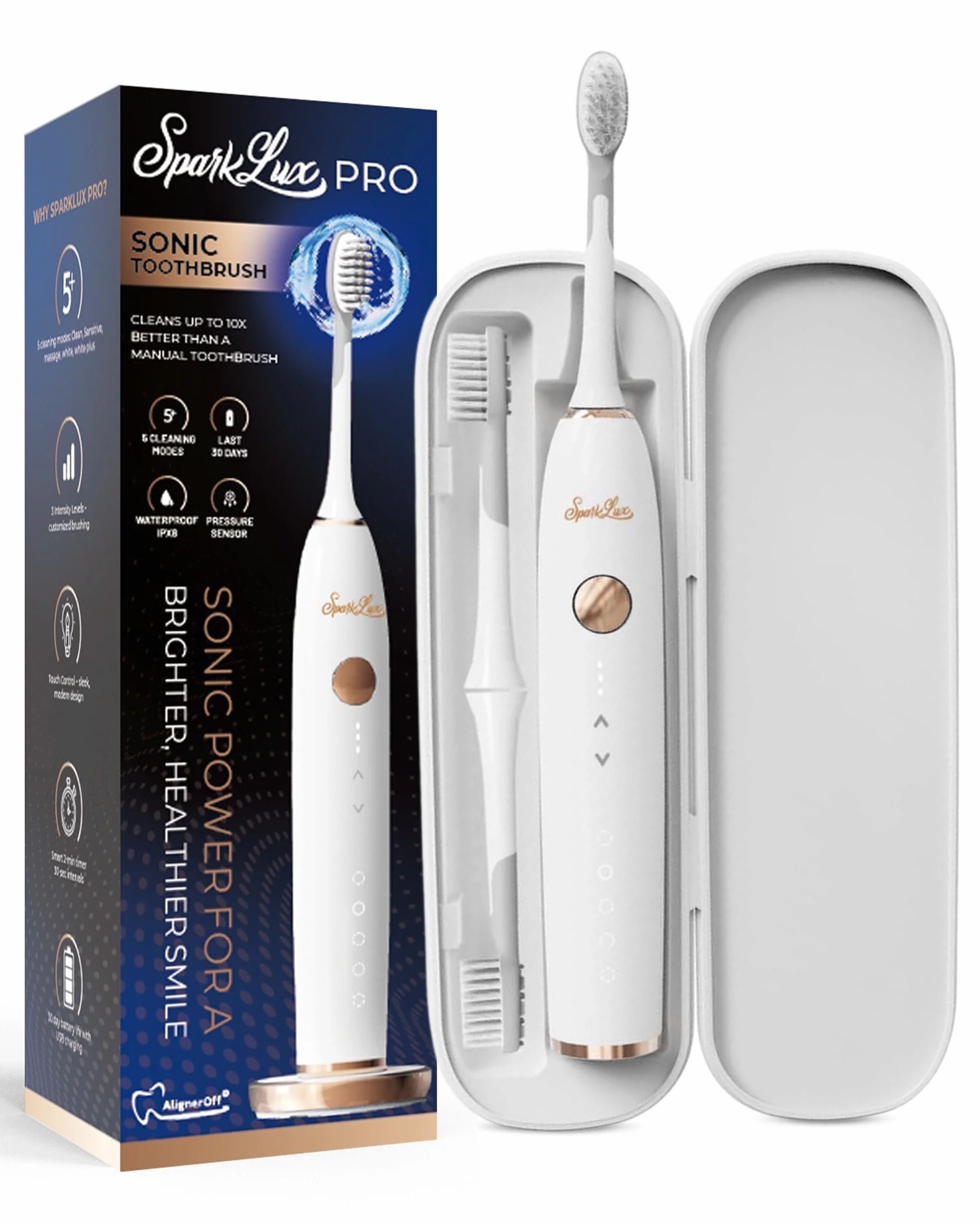 Pro Ultrasonic Toothbrush - Rechargeable Wireless Electric Toothbrush for Adults with Replacement Heads, Travel Case, Cordless Design, White with Rose-Gold Trim