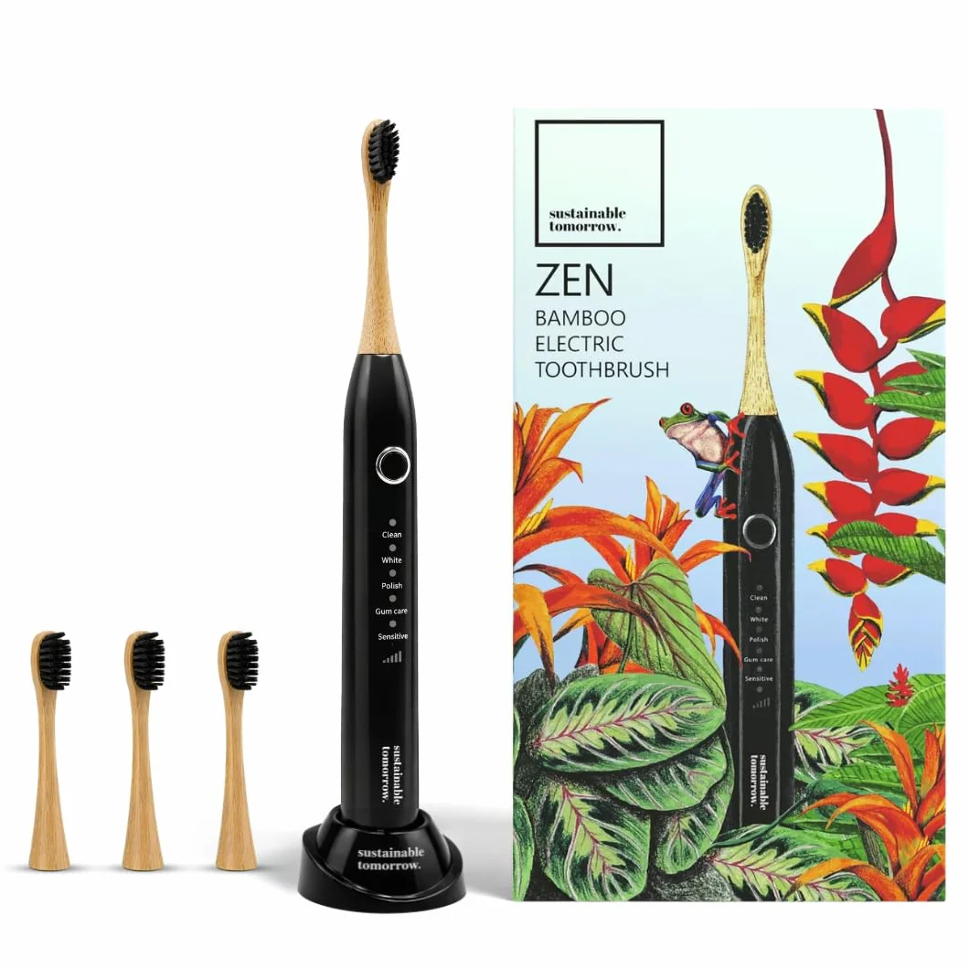 Black Bamboo Electric Toothbrush & 3 Replacement Heads| Rechargeable Electric Toothbrush | Soft Bristles for Sensitive Gums | 5 Cleaning Modes | 30-Day Battery | Eco-Friendly Value Set