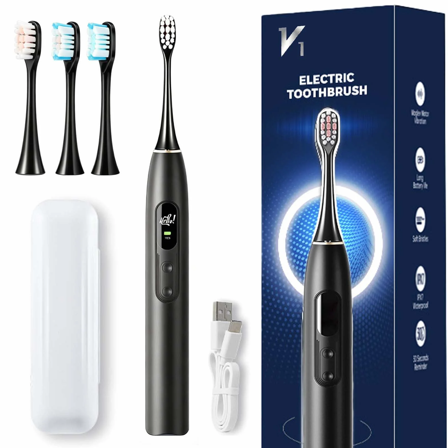 Electric Toothbrush - 5 Modes for Personalized Care, Rechargeable Sonic Electric Toothbrush with Pressure Sensor and Timer, Customizable Intensity Powered (Black)