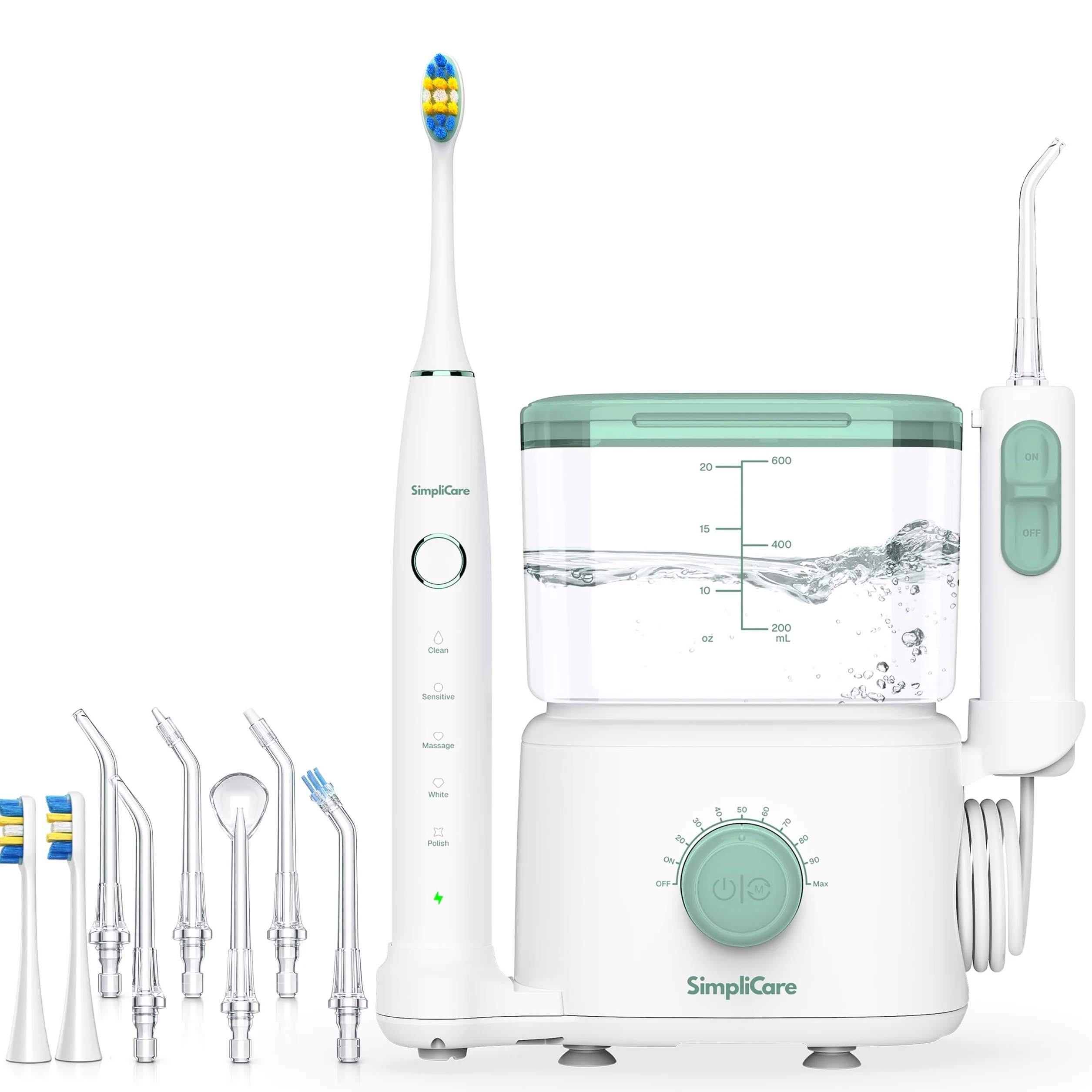 Electric Toothbrush with Water Flosser Combo | 2-in-1 Countertop Oral Care System | 10 Pressure Levels, 25–160 PSI | 20 oz. Tank, 6 Jet Tips & 2 Brush Heads, BPA-Free Oral Irrigator