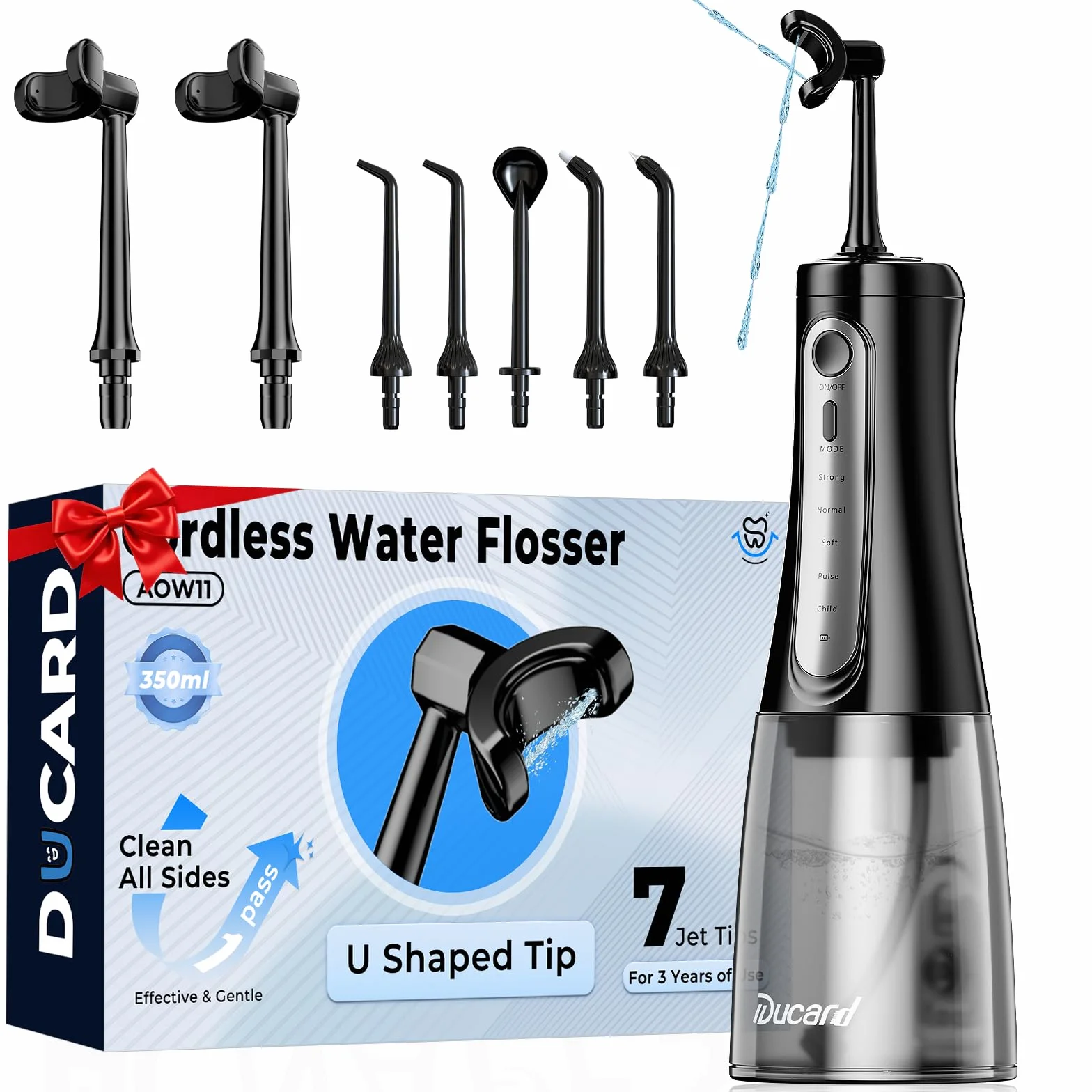 Cordless Water Flosser with U-Shaped Nozzle, 350ML Tank, 7 Jet Tips | Features 5 Cleaning Modes and IPX7 Waterproof. Portable and Rechargeable for Adult & Child Daily Oral Care and Travel, Black