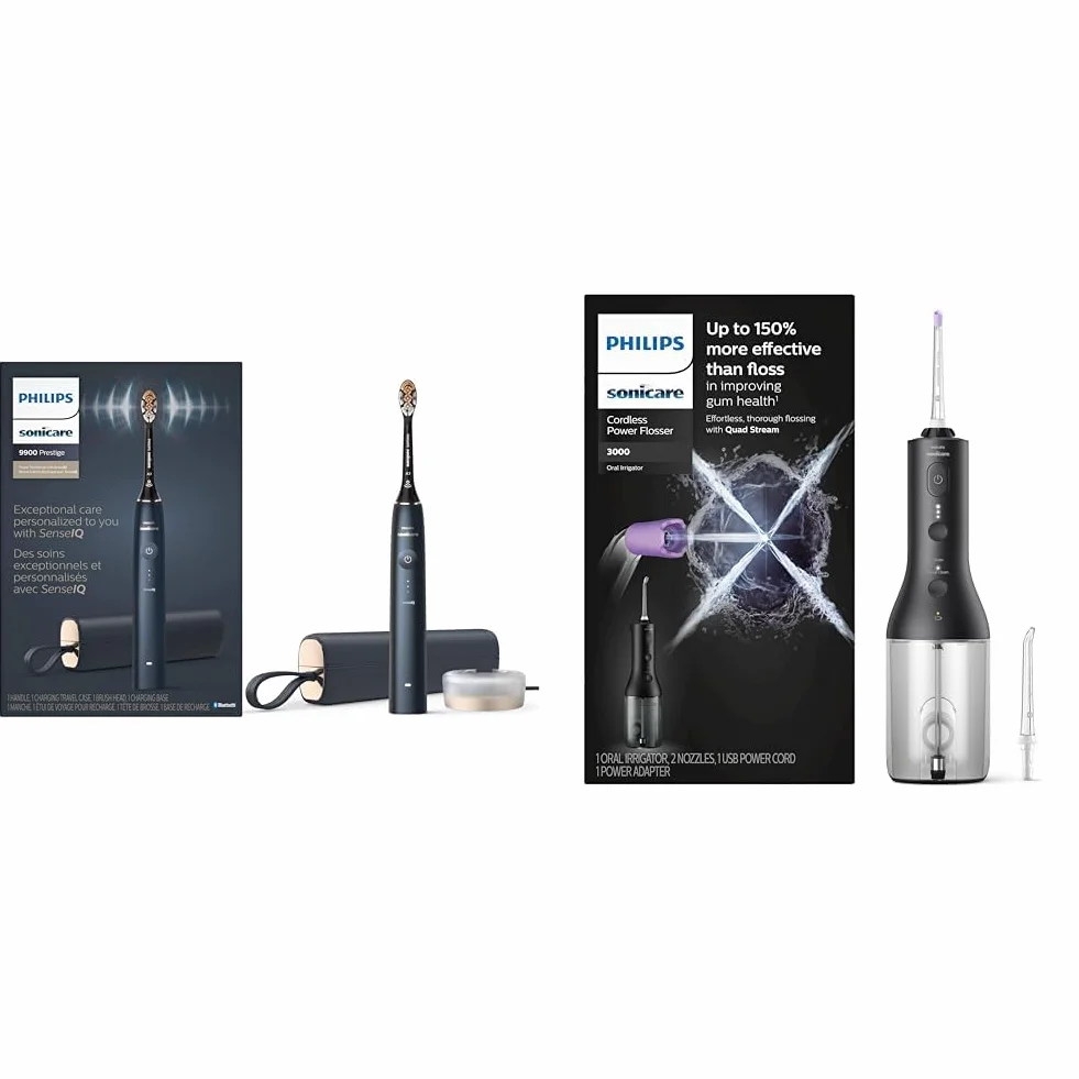 9900 Prestige Rechargeable Electric Power Toothbrush with SenseIQ, Midnight, & Cordless Power Flosser 3000 - Black