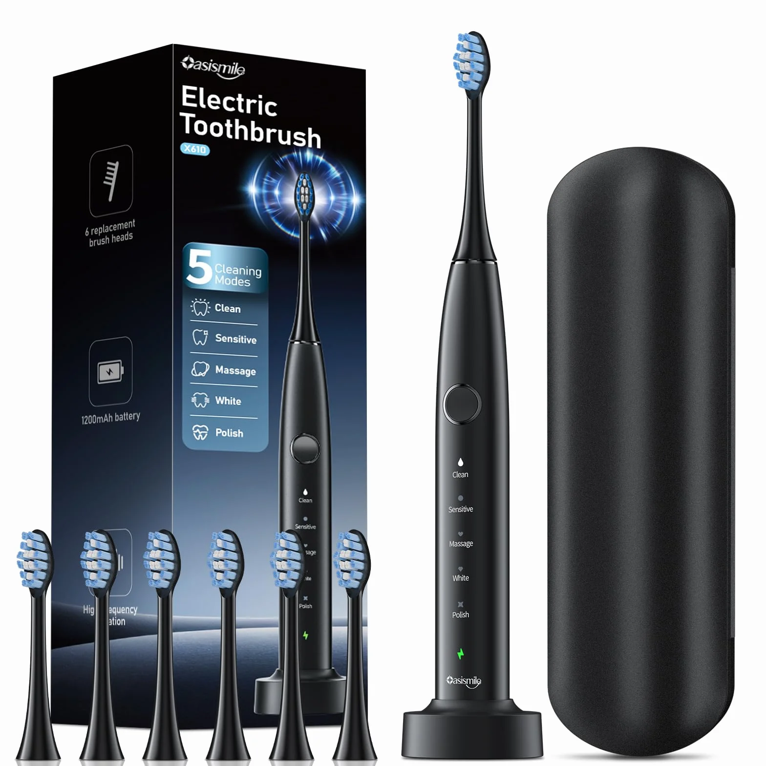 Sonic Electric Toothbrush Set for Adults with Travel Case, 6 Brush Heads, 100-Day Battery Life, 5 Modes 42000 VPM Rechargeable Power Toothbrush, Black