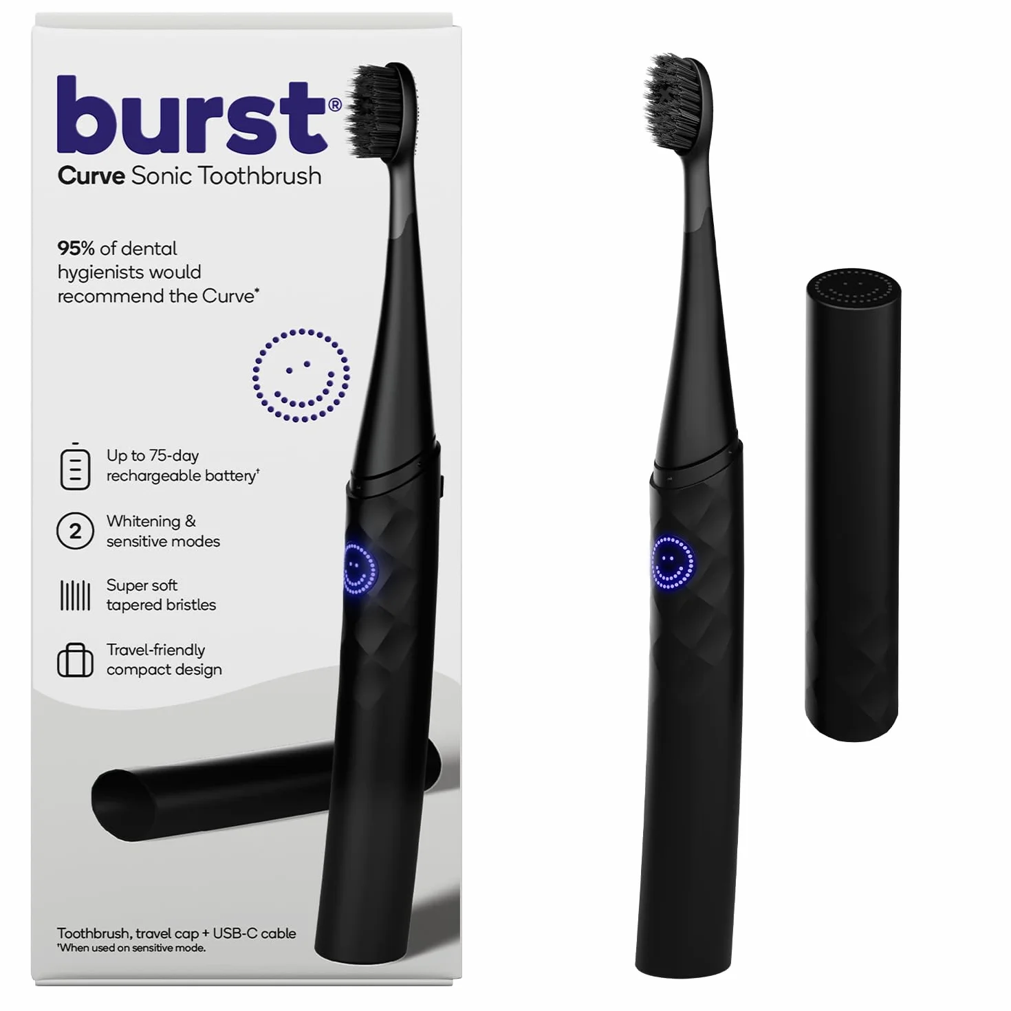 Curve Sonic Electric Toothbrush for Adults (Black) | Slim Travel Brush with Cover | Ultra Soft Bristles | Up to 2 Month Rechargeable Battery | Two Modes & Timer