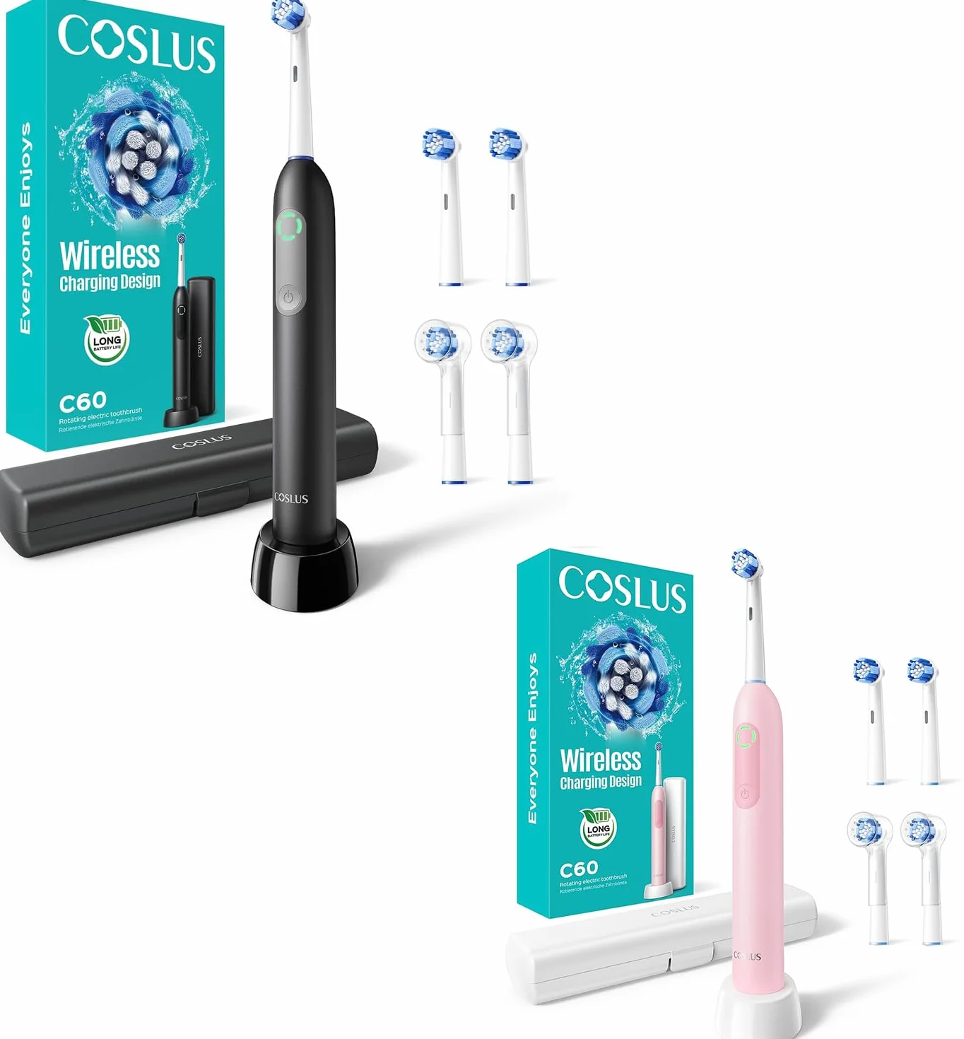 C60 Rechargeable Rotating Electric Toothbrush for Deep Clean, Portable Spinning Tooth brush with Travel Case, Cordless Charging & Long Battery Life, Smart Pressure Sensor, Fam Black & Pink 2Pcs