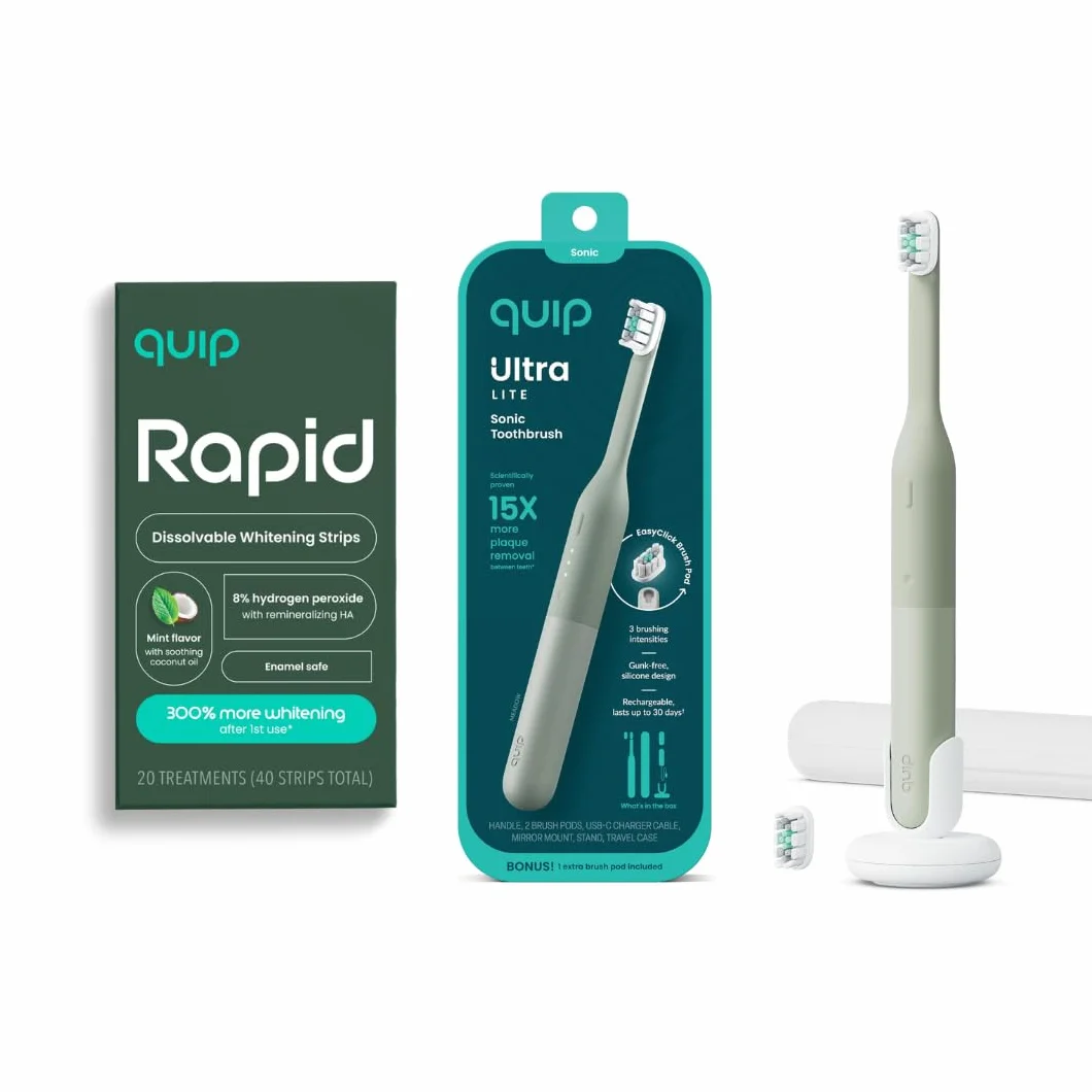 Ultra Lite Sonic Electric Toothbrush with Rapid Dissolvable Teeth Whitening Strips Product Bundle - 15X More Plaque Removal, 20 Treatment Strips, Mint with Coconut Oil - Meadow Green