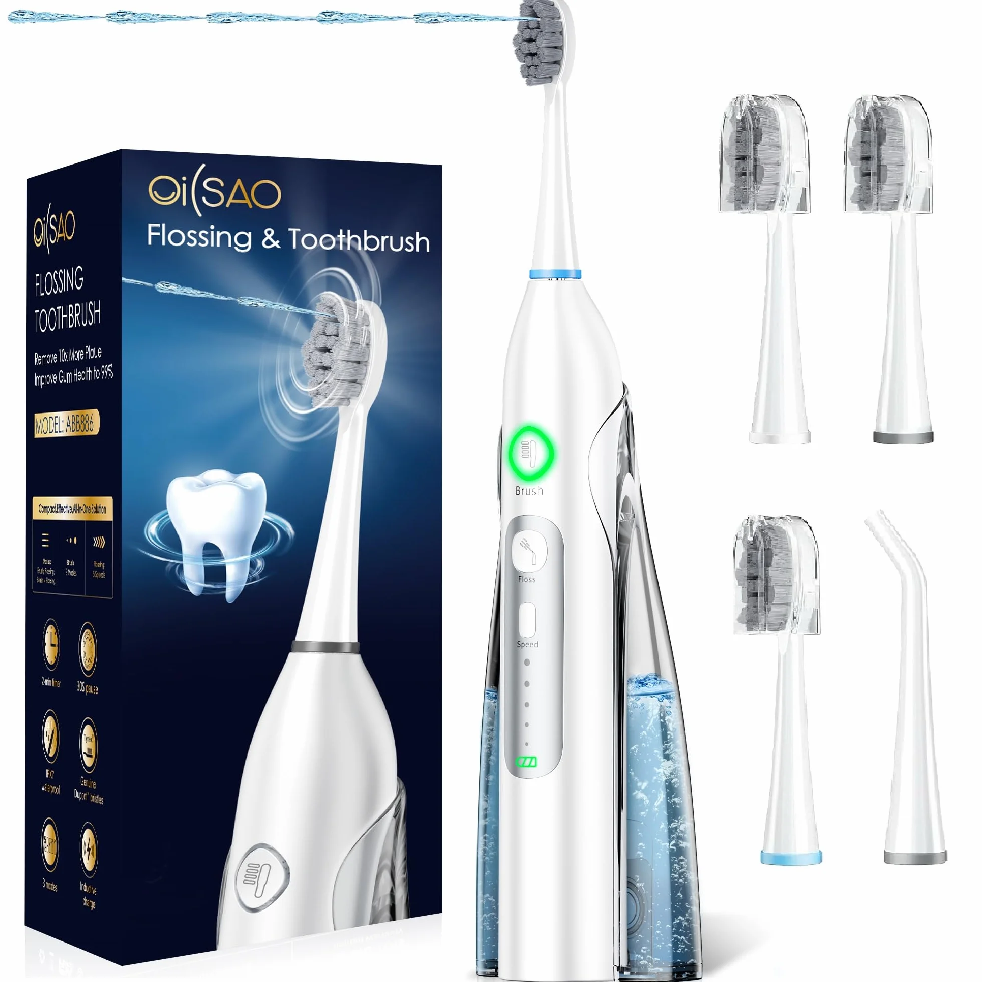 Electric Toothbrush with Water Flosser,5 Floss Speeds-3 Brushes+1 Nozzle | 3-in-1 Combo for Plaque Removal, 5 Speeds, Braces, Bridges, Sonic Flossing Toothbrush for Daily Oral Care with 3 modes