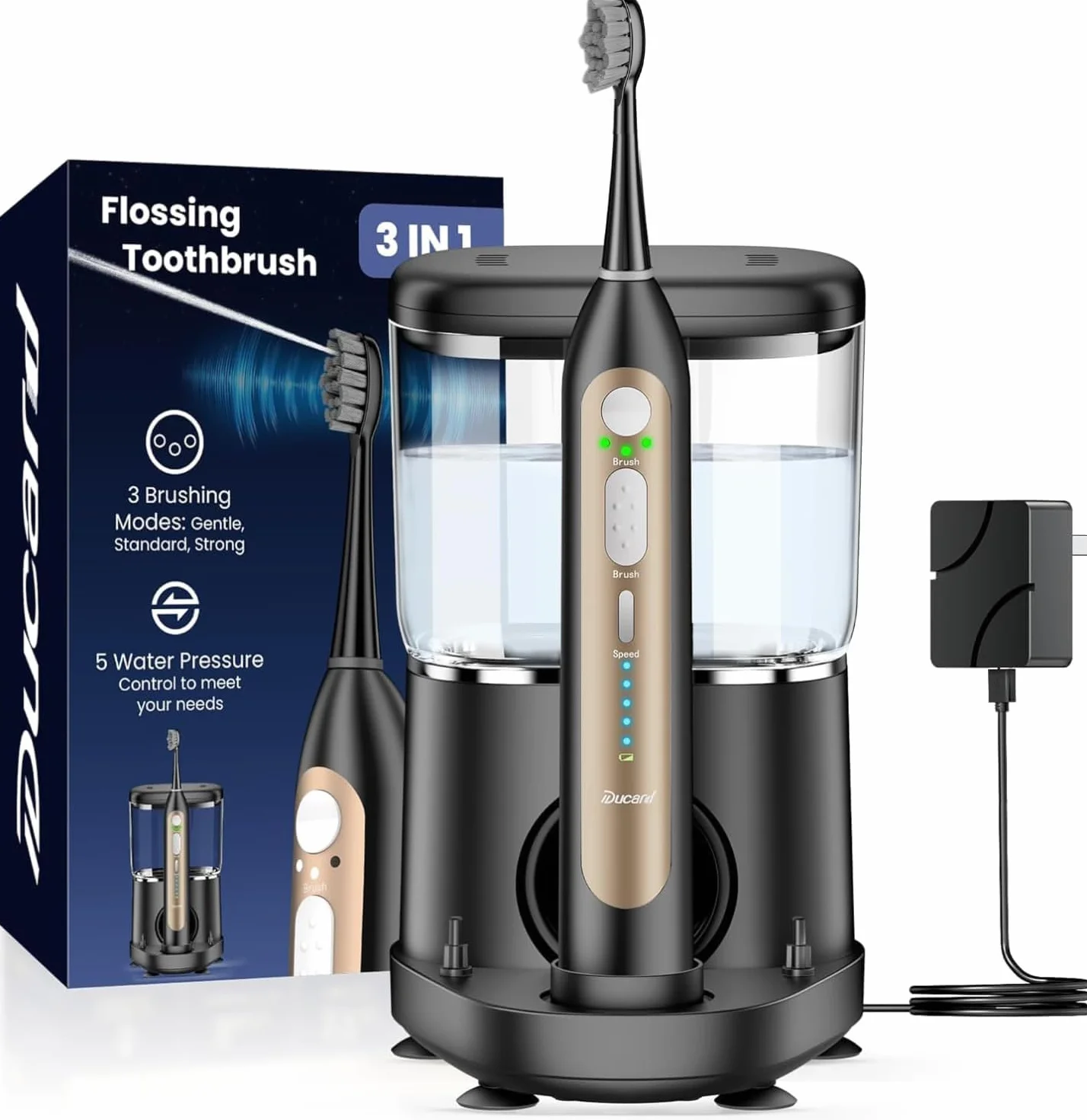 Electric Toothbrush with Water Flosser, 5 Floss Speeds | Upgraded 2.0 Electric Toothbrush for for Braces & Gum Care, 500ML Tank with 3 Brush + 1 Nozzle, IPX7 Waterproof