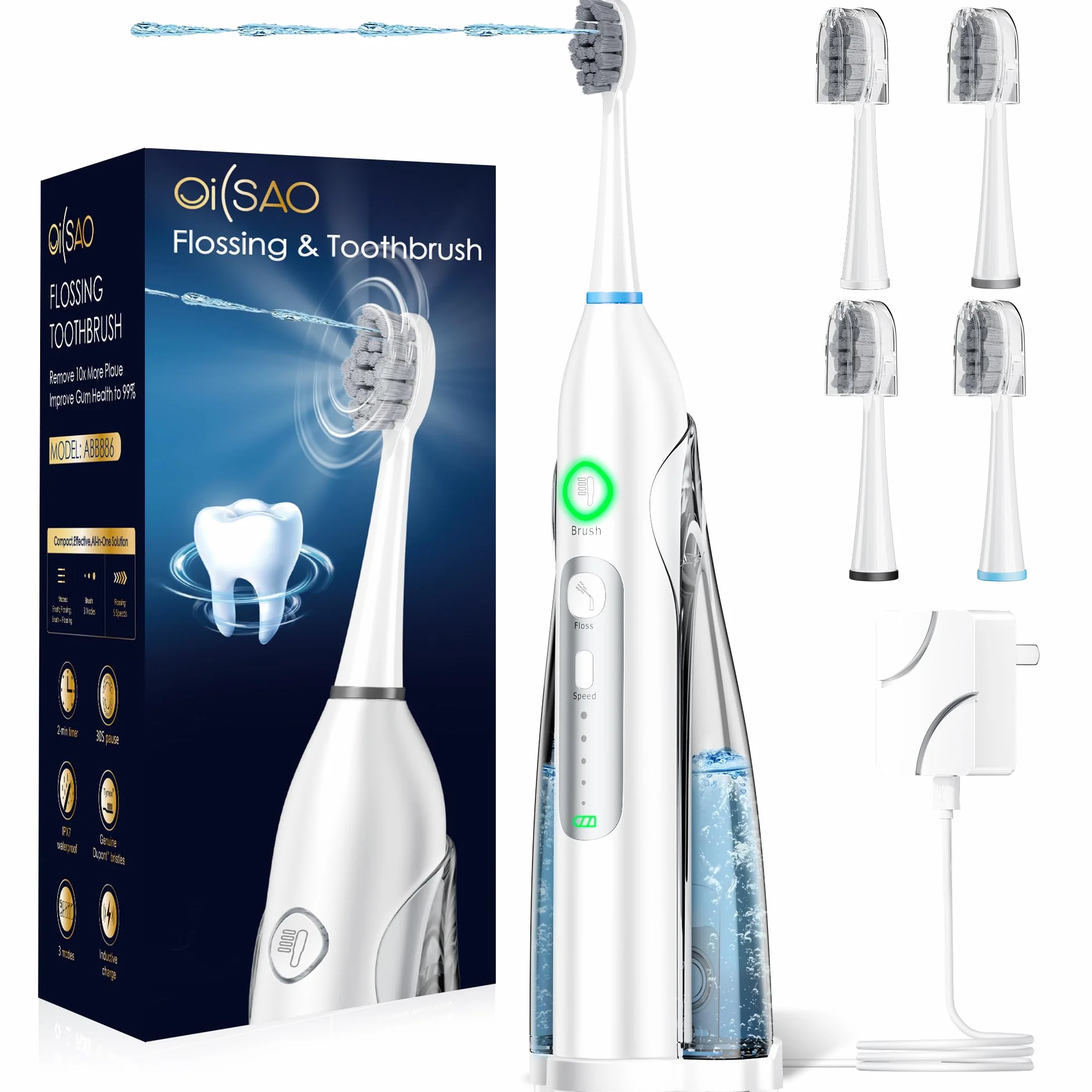 Water Flosser Electric Toothbrush Combo, 3 Brush Heads & 1 Jet Tip, 3-in-1 Combo for Plaque Removal, 4 Jets, Braces, Bridges, Sonic Flossing Toothbrush for Daily Oral Care with 3 modes, Ipx7