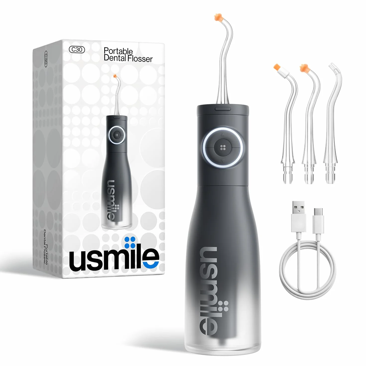 C30 Cordless Water Flosser, 300ml Tank, 5 Modes, IPX7, Black | S-Shaped Nozzle, USB-C Rechargeable Portable Oral Irrigator for Braces, Sensitive Gums, Teeth Cleaner, Home & Travel