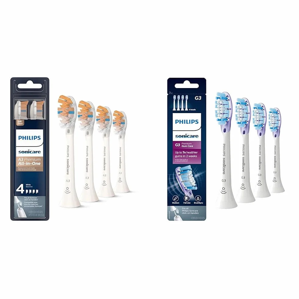 Sonicare Premium All-in-One (A3) Replacement Toothbrush Heads & Genuine Premium Gum Care Replacement Toothbrush Heads, 4 Brush Heads, White, HX9054/65