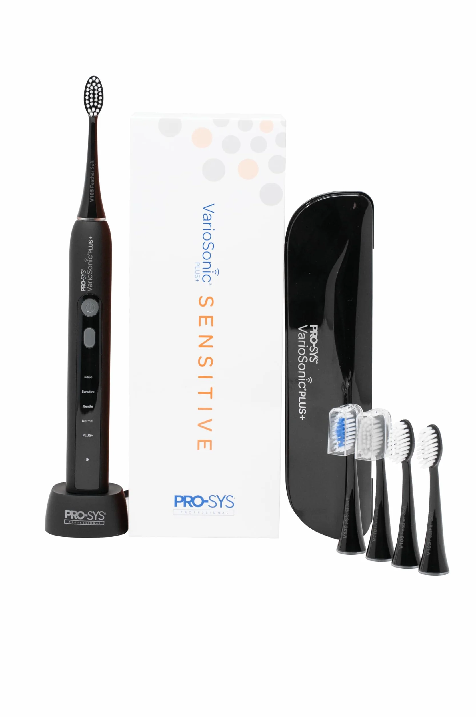 VarioSonic Plus+ Sensitive Kit Professional Electric Toothbrush for Sensitive Teeth, Rechargeable with Pressure Sensor and Timer, Customizable Intensity Powered Toothbrush with Travel Case